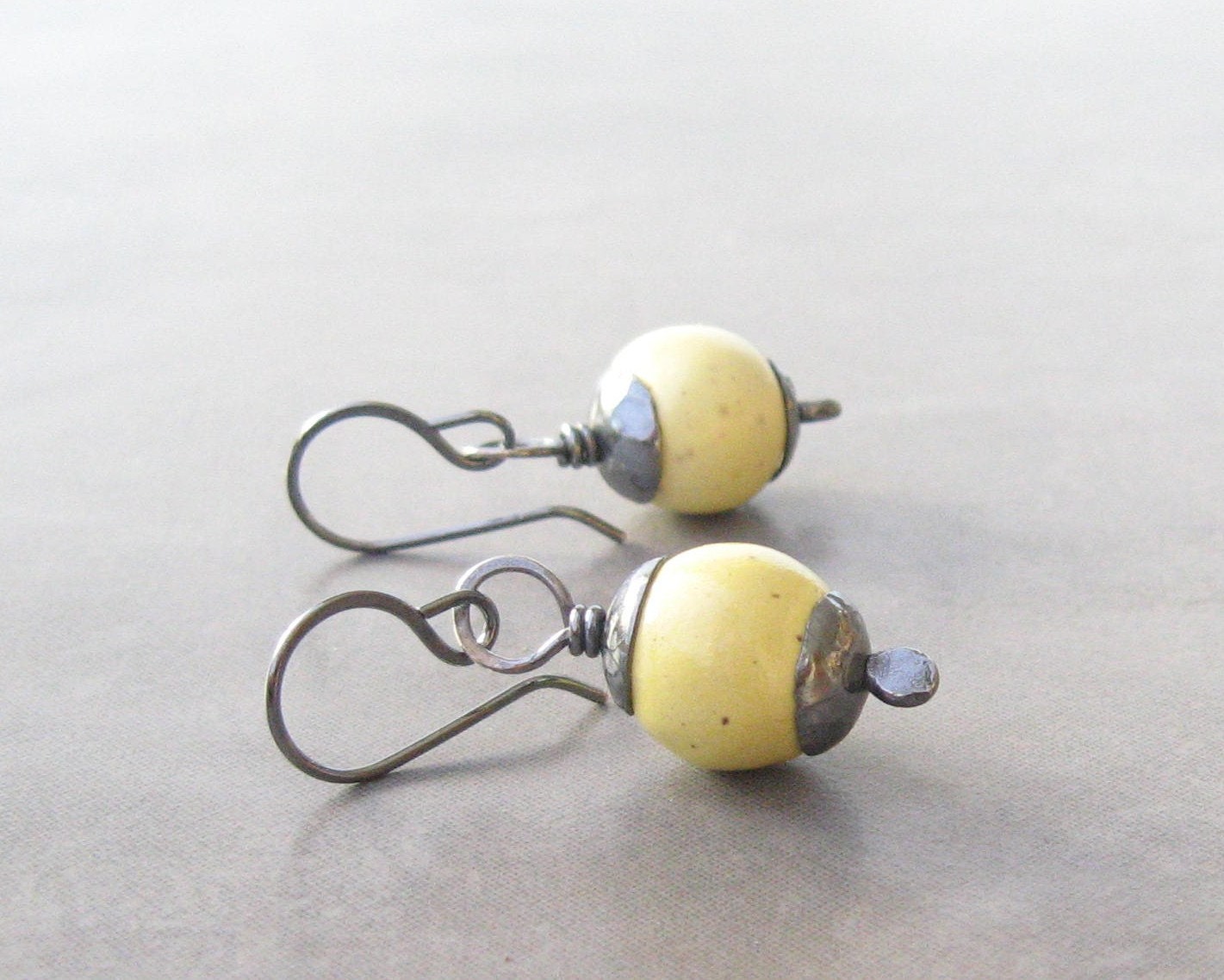yellow dangle earrings, kazuri dangle earrings, rustic silver and yellow earrings - theBeadAerie