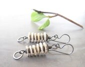 white dangle earrings, ostrich eggshell and oxidized silver earrings, tribal dangle earrings