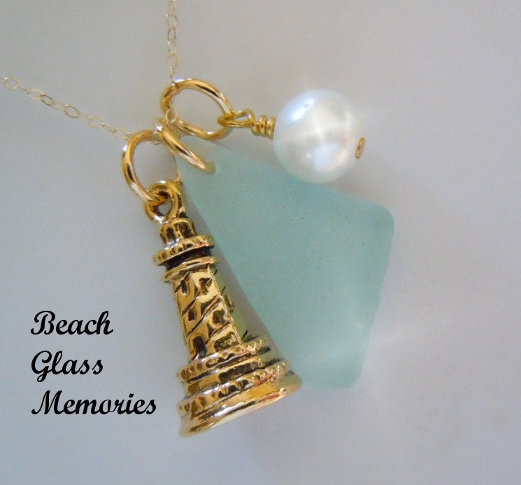 Aqua Seaglass Necklace with Gold Lighthouse Charm Beach Glass Necklace