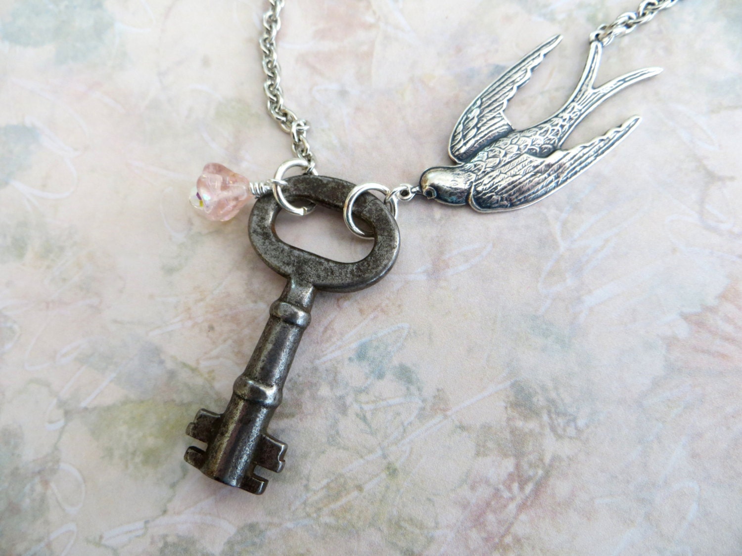 Antique Key Pendant Necklace with Bird Connector & Crystal