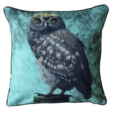 Cushion cover for throw pillow with bird - Little owl in celadon- 16x16 inch 40x40cm DELUXE edition