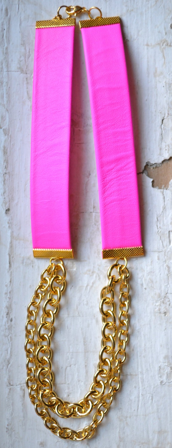 neon pink genuine leather and double strand mixed gold chain chunky statement necklace