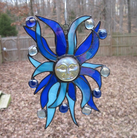 Stained Glass Suncatcher, Sun Rays in Cobalt and Sky Blue with Sun Face Jewel & Nuggets