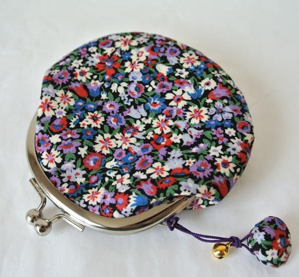 Round Coin Purse with a little shell charm- Purple and blue flower in black