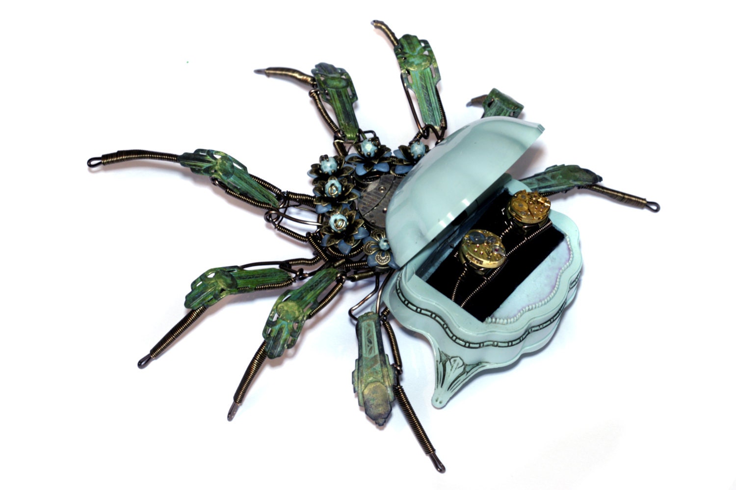 Steampunk - Art Deco - Art Nouveau - Proposal Spider Ring Box Sculpture with flowers - RESERVED