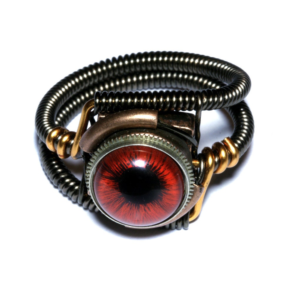 Steampunk Jewelry - RING - Red taxidermy glass eye - Size 9.5 ONLY