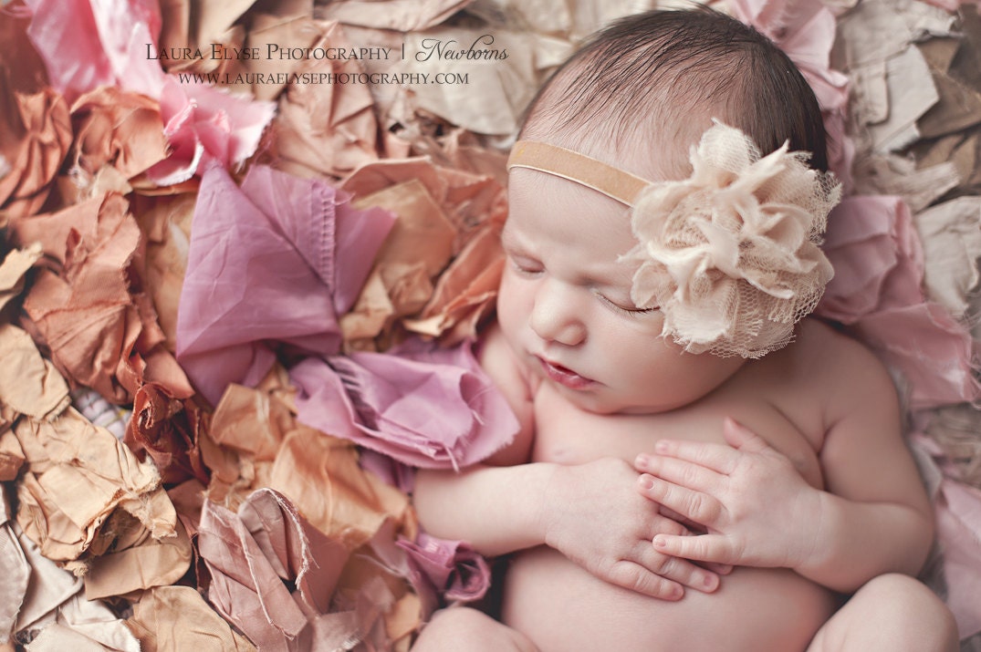 Fiona - Vintage Inspired - Beige Lace Tulle Headband - Newborn Infant Baby Girl Toddler Adult
