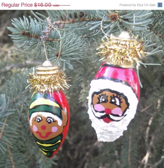 ON SALE Light Bulb Ornament African American Latino Santa and Elf Hand Painted Christmas Ornaments NBO2