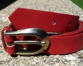 Skinny Red Leather Belt with Metal Buckle- Genuine Leather - Womens Ladies Vintage 1970s 70s Belt - Narrow Thin Slim