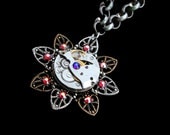 Steampunk Necklace- Industrial Wedding- Luxury Statement- Silver Clockwork- Vintage Watch Movement- Swarovski- Filigree- tasherajean- SPN05