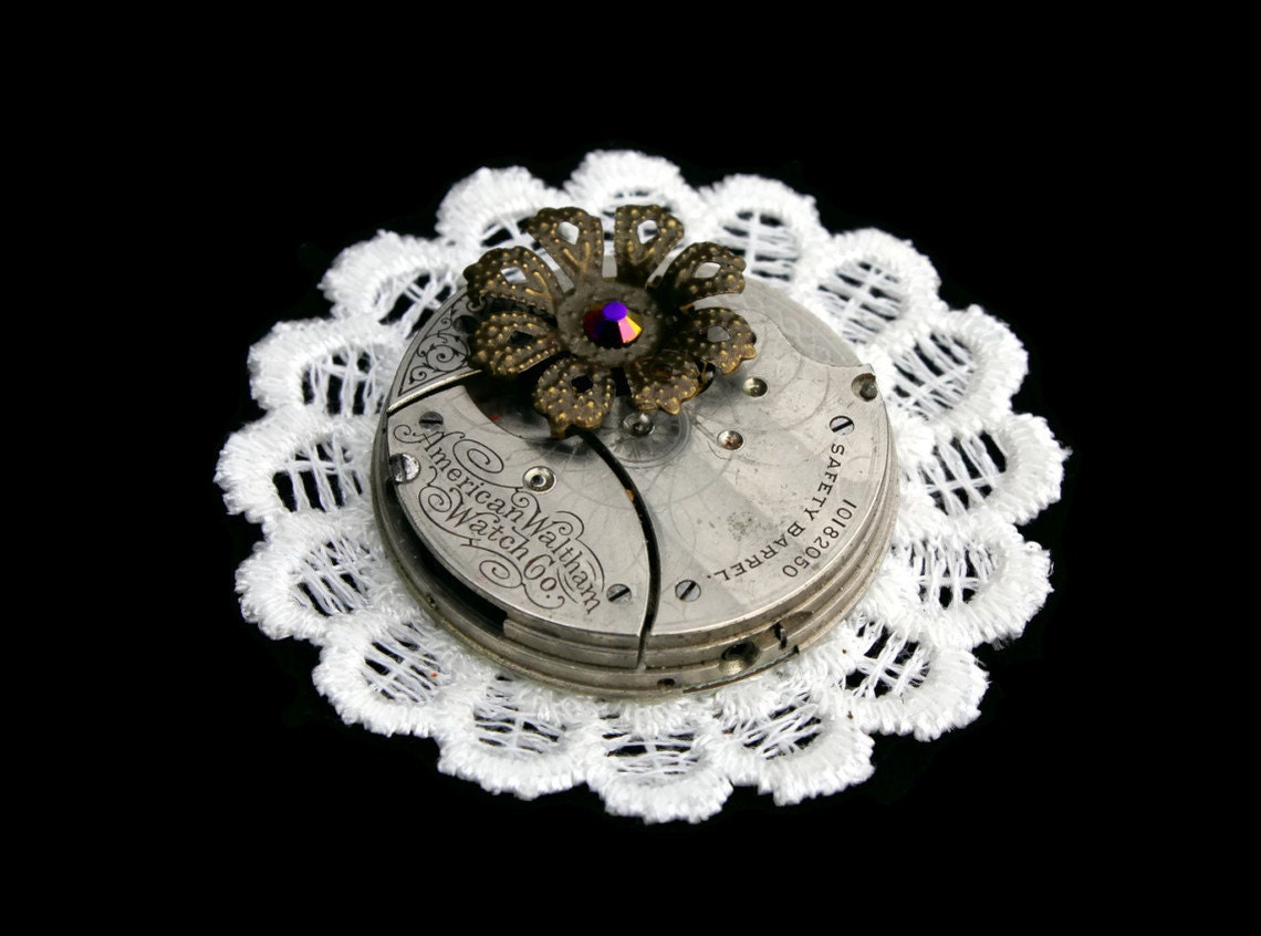 Steampunk Brooch- Mixed Media Antique Pocket Watch and Venetian Lace Textile Luxury Jewelry- Victorian Industrial Wedding- Swarovski- SPB01