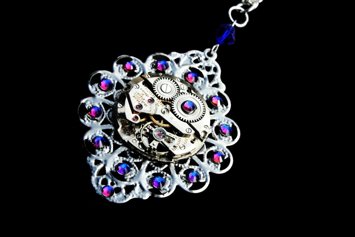 Steampunk Necklace- Industrial Wedding- Luxury Statement- Silver Clockwork- Vintage Watch Movement- Swarovski- Filigree- tasherajean- SPN01