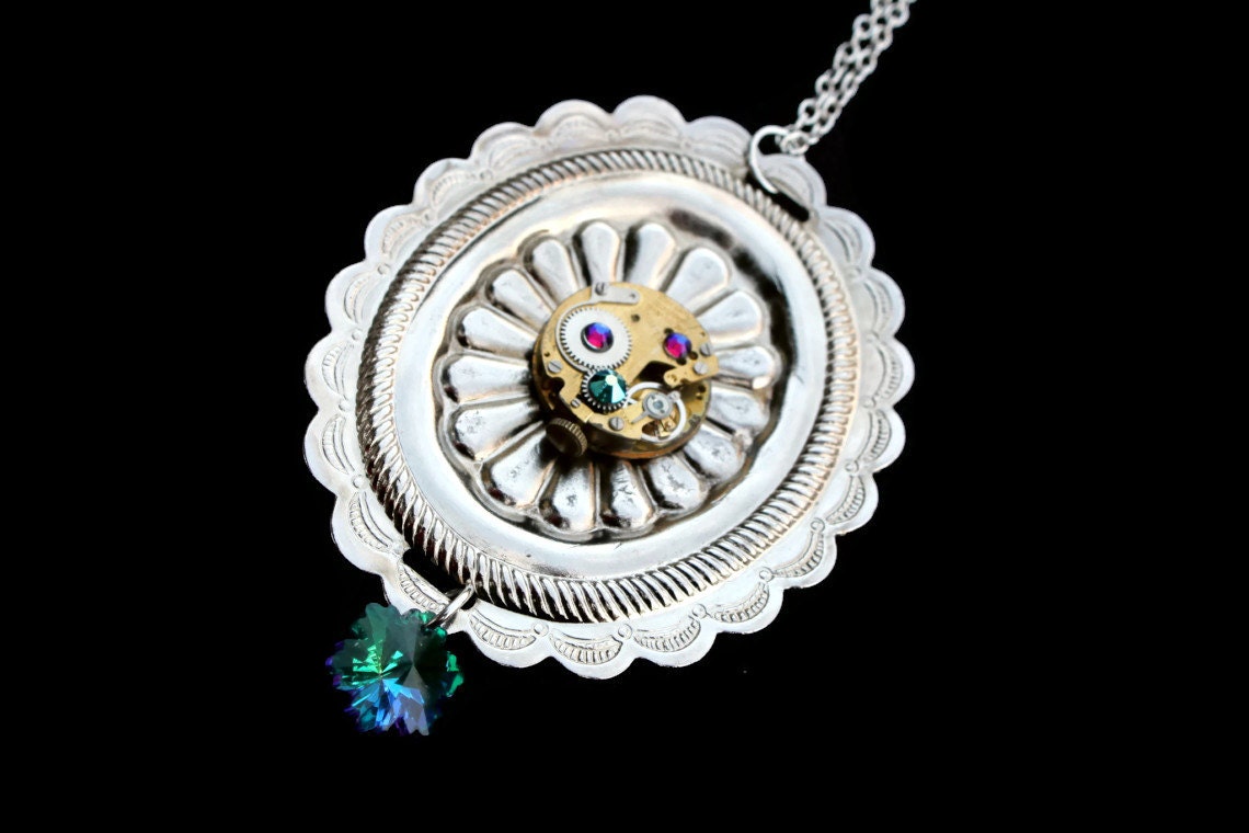 Steampunk Necklace- Industrial Wedding- Luxury Statement- Gold Clockwork- Vintage Watch Movement- Swarovski- Filigree- tasherajean- SPN25
