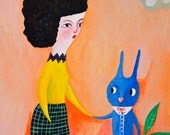 Original painting, acrylic on canvas, blue rabbit