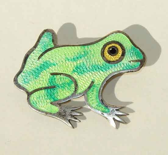 Vintage 50s Frog Brooch Jose Federico Sterling Silver Green Guilloche Enameled Mexican Pin