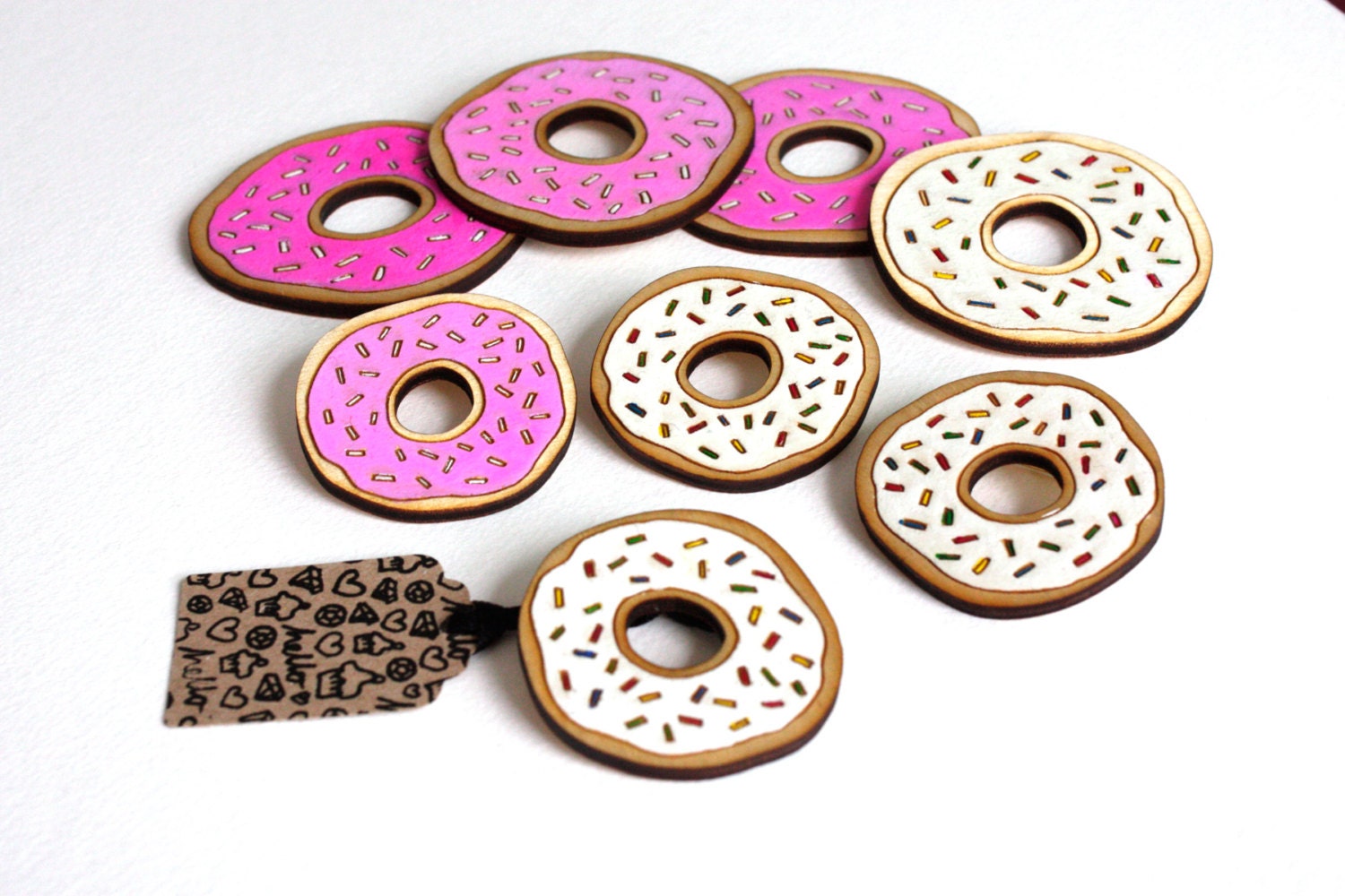 Donut Brooch. Hand Painted. Laser Cut. Birch Wood. Made in England.