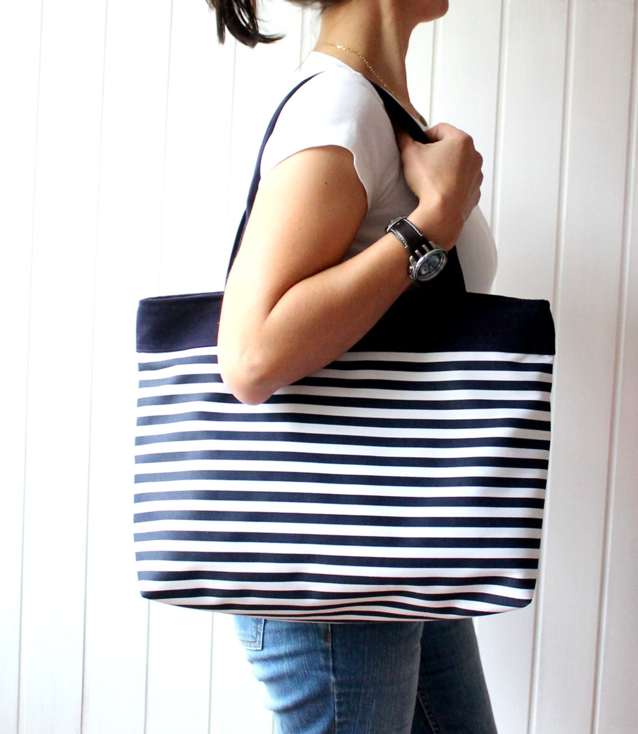 Hey Sailor.. Navy and White Stripes Tote Bag / Beach Bag / ZIPPER TOP CLOSURE / Diaper Bag, Laptop Bag, Purse, Large, Medium / Spring Summer