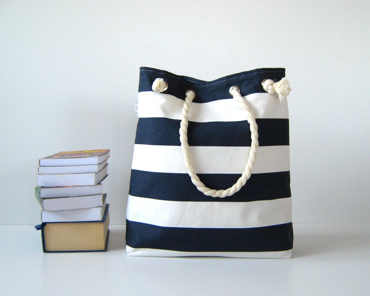 Sailor Tote Bag --for market or beach or gym-- -yellow and white bold striped, X-Large and cotton rope straps-
