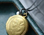 Two Hearts Locket Necklace with Vintage Brass Locket and Tiny Pearl