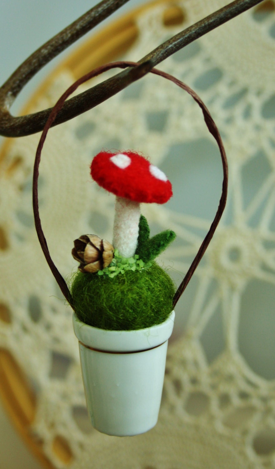 Felt and  porcelain thimble mushroom ornament.. red ..