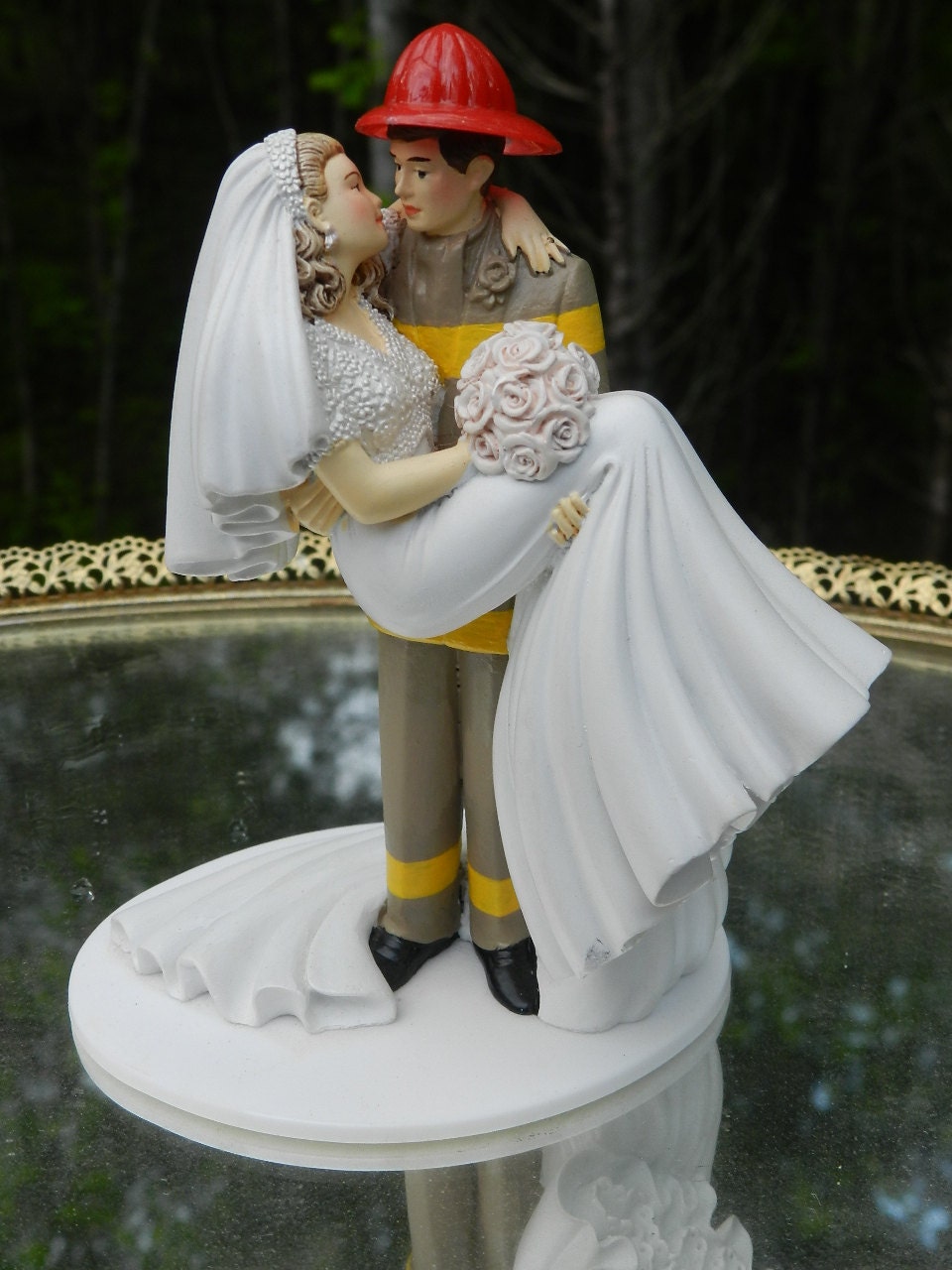 Fireman firefighter  fire department  Wedding Cake Topper kiss groom carries bride