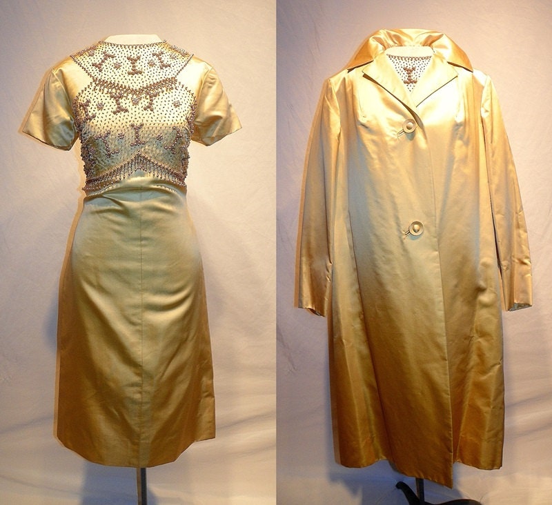 1960's GOLD Rich Satin BEADED Wiggle Dress And Matching Coat Vintage 60's Mad Men Couture Cocktail Partty Dress Opera Coat Dress Set