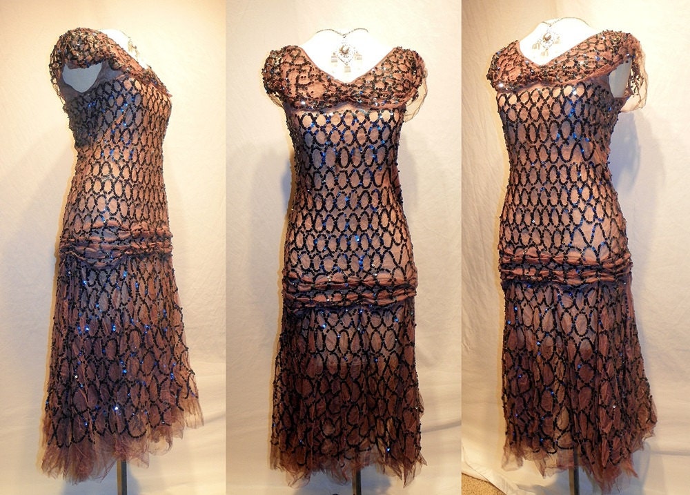 1920's Lilac Net Tulle SAPPHIRE Blue SEQUINS Flapper Dress Vintage Antique 20's Deco Couture Gatsby Party Cocktail Beaded Flapper Dress