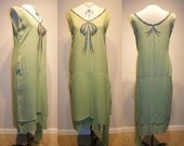 1920's Sea Green Silk Chiffon RHINESTONE RIBBON Flapper Dress Vintage Antique 20's Gatsby Party Dress Couture Emeralds Beaded Party Dress