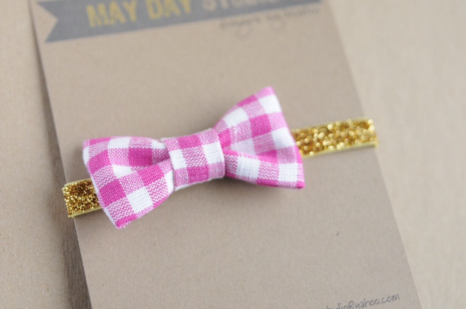 newborn baby toddler girls fabric bow headband - fuschia gingham bow - gold glitter elastic