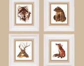 Cozy WOODLAND Cabin, Set of 4 prints, 4 for 3, stag art, fox art, animal painting, wold art, watercolor animal art