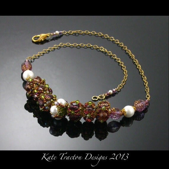 Netted Crystal Bead Necklace, Plum Purple, Beadweaving