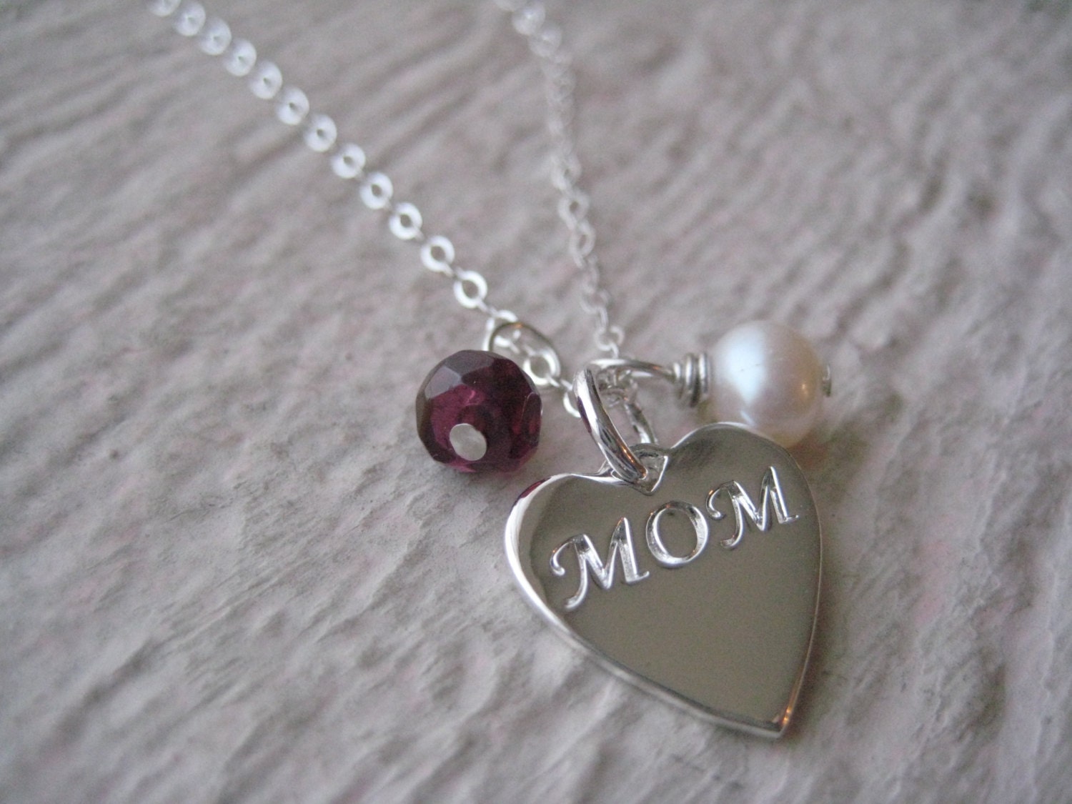 Sterling Silver MOM Heart Charm Necklace- Garnet, Freshwater Pearl,