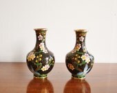 Vintage pair of black cloisonne bud vases with brass