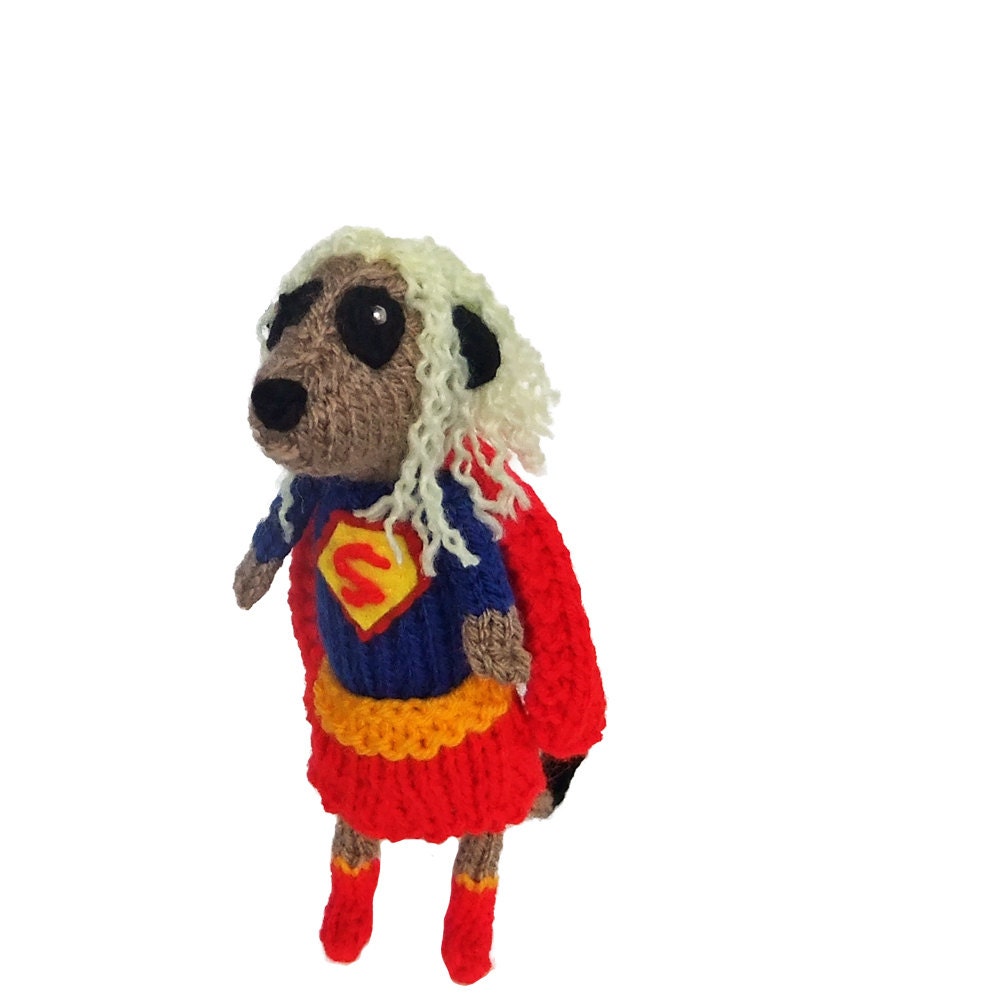 Supergirl Meerkat, handknitted superhero meerkat, UK, handmade plush, for a super girl