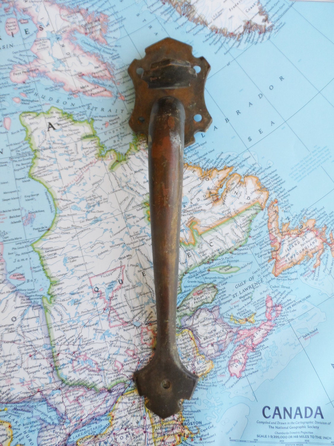 Large vintage heavy brass metal curved door handle