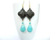 Bohemian Turquoise Quatrefoil Dangle Drop Earrings