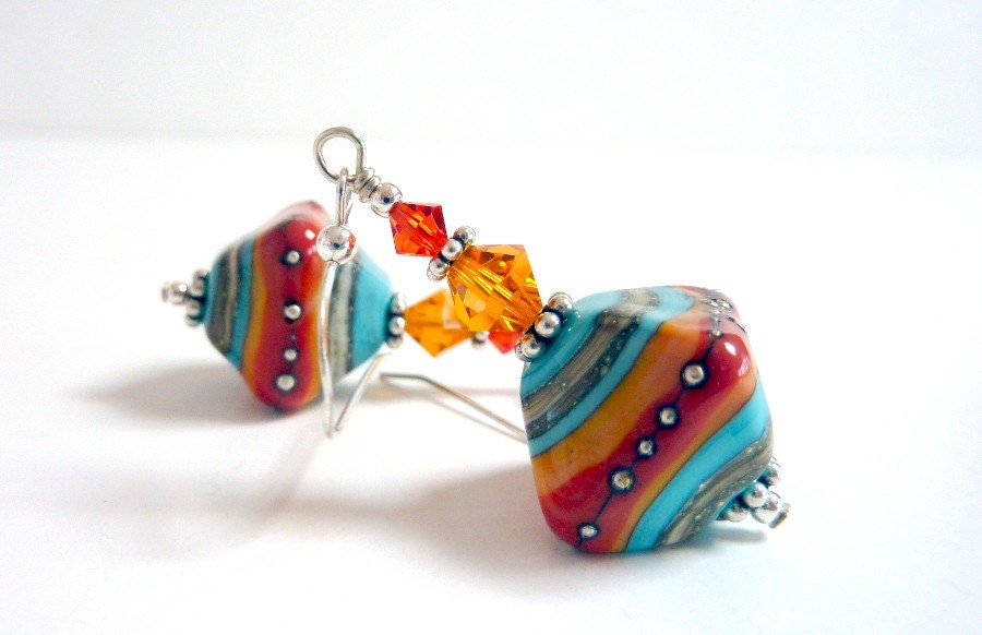 Orange and Turquoise Glass Earrings, Orange Peach Mango Turquoise Silver Beaded Earrings, Colorful Handmade Lampwork Earrings,Fun Salsa Time