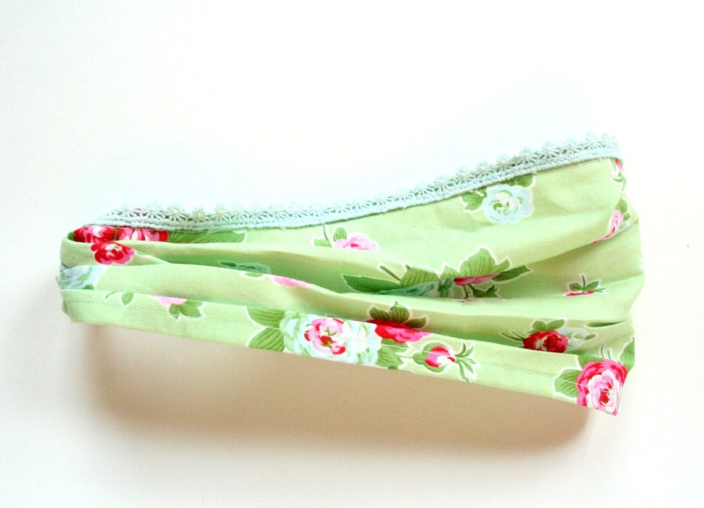 Kerchief Headband Gathered Green Roses Pink Red Blue Lace Trim Elastic Boho Chic Grand Revival