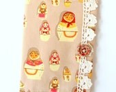 Passport Sleeve Cover Heather Ross Matryoshka Doll Peach Beige Wooden Button Polka Dot Notebook Cover