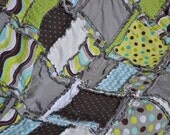 RAG QUILT, Baby Blanket, Modern, Brown, Blue, Green, 41x46, Ready to Ship