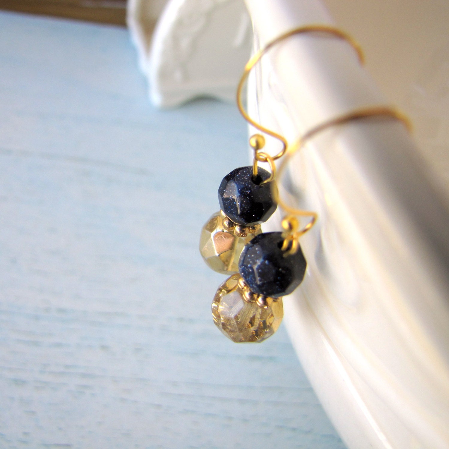 Earrings Blue Goldsotne and Gold Czech Crystal FREE SHIPPING