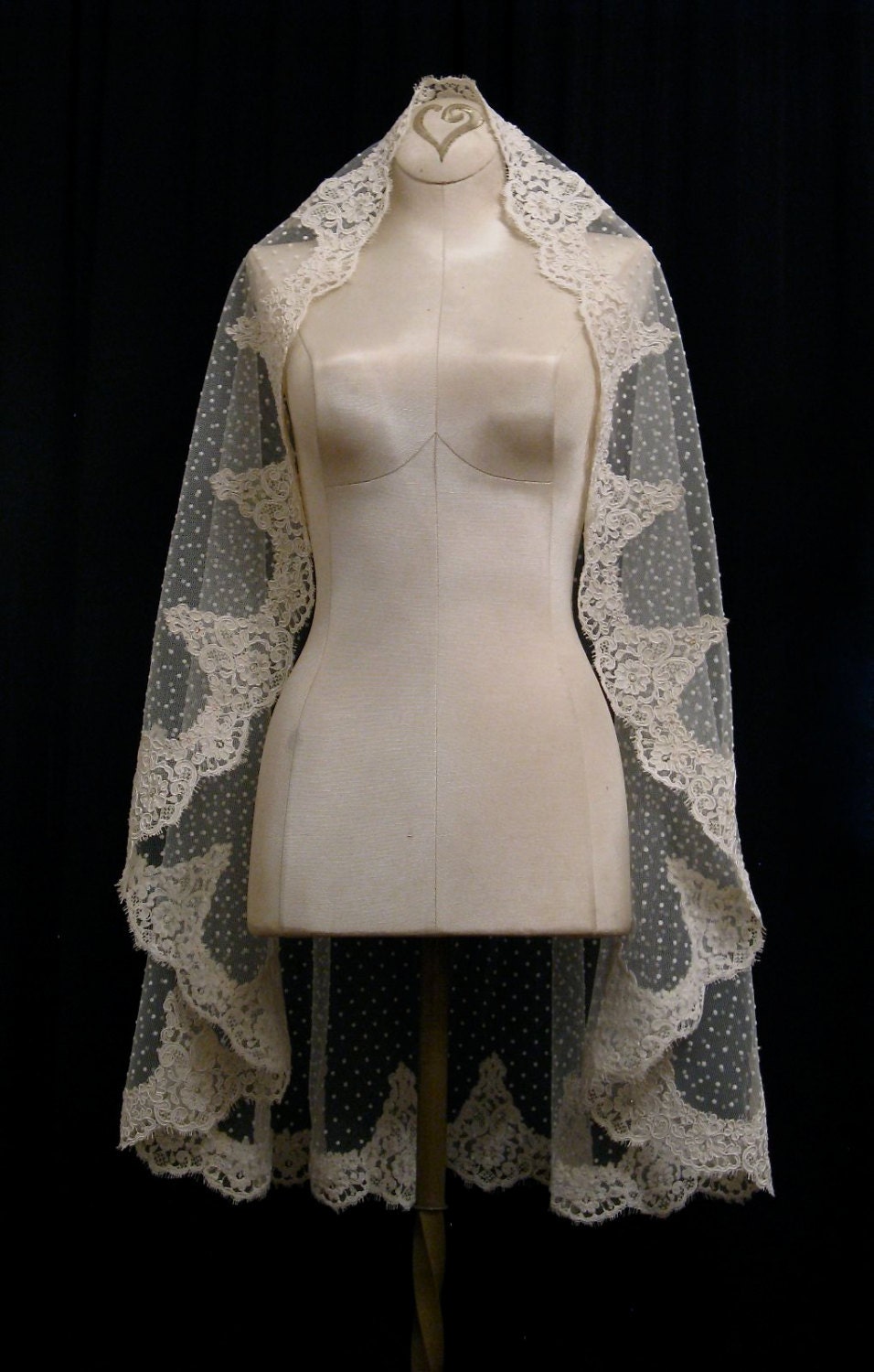 Ivory Swiss Dot Wrist Length Mantilla Veil With Alencon Lace Edging And Crystals