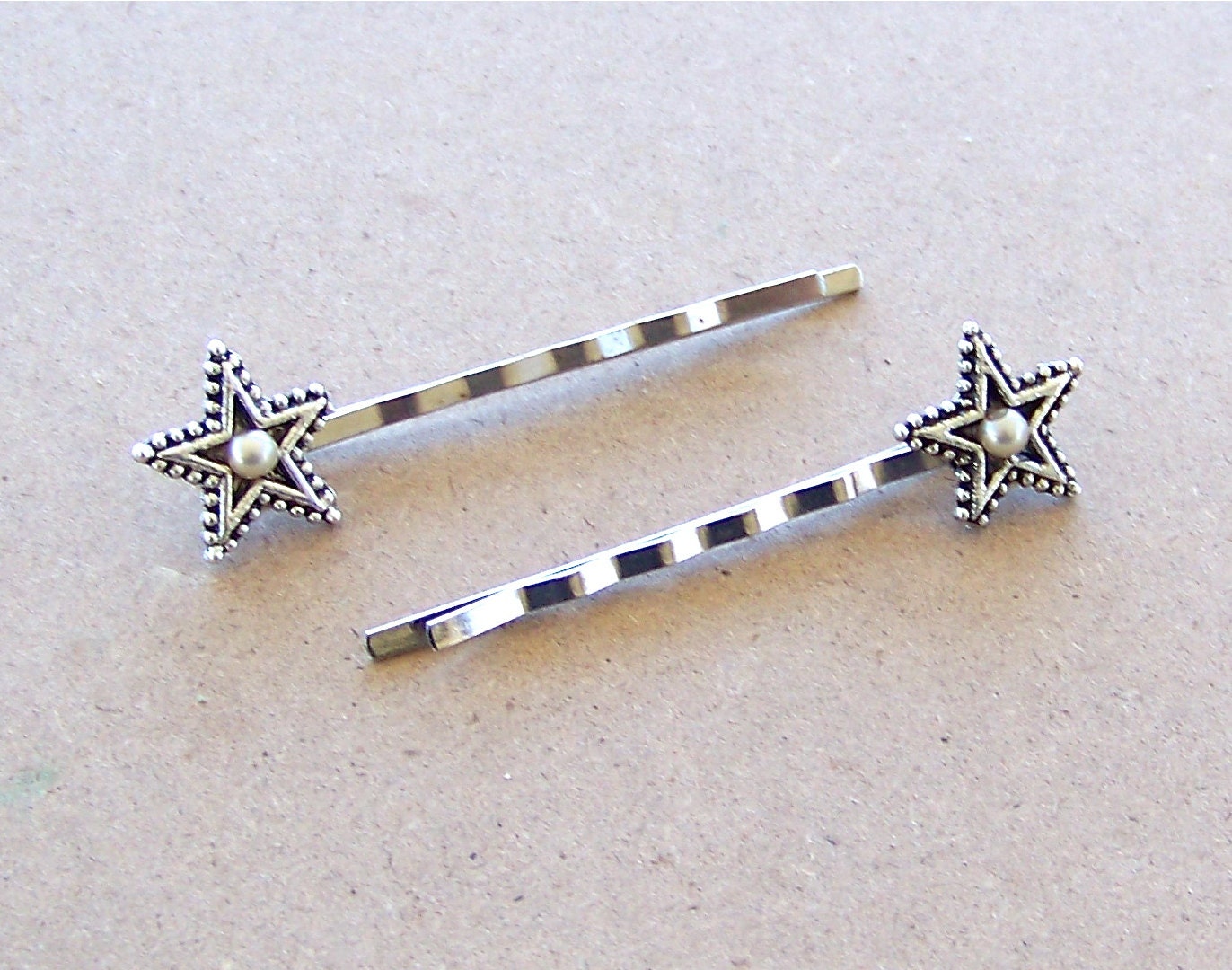 Lucky Silver Star & Pearl Hair Bobby Pins