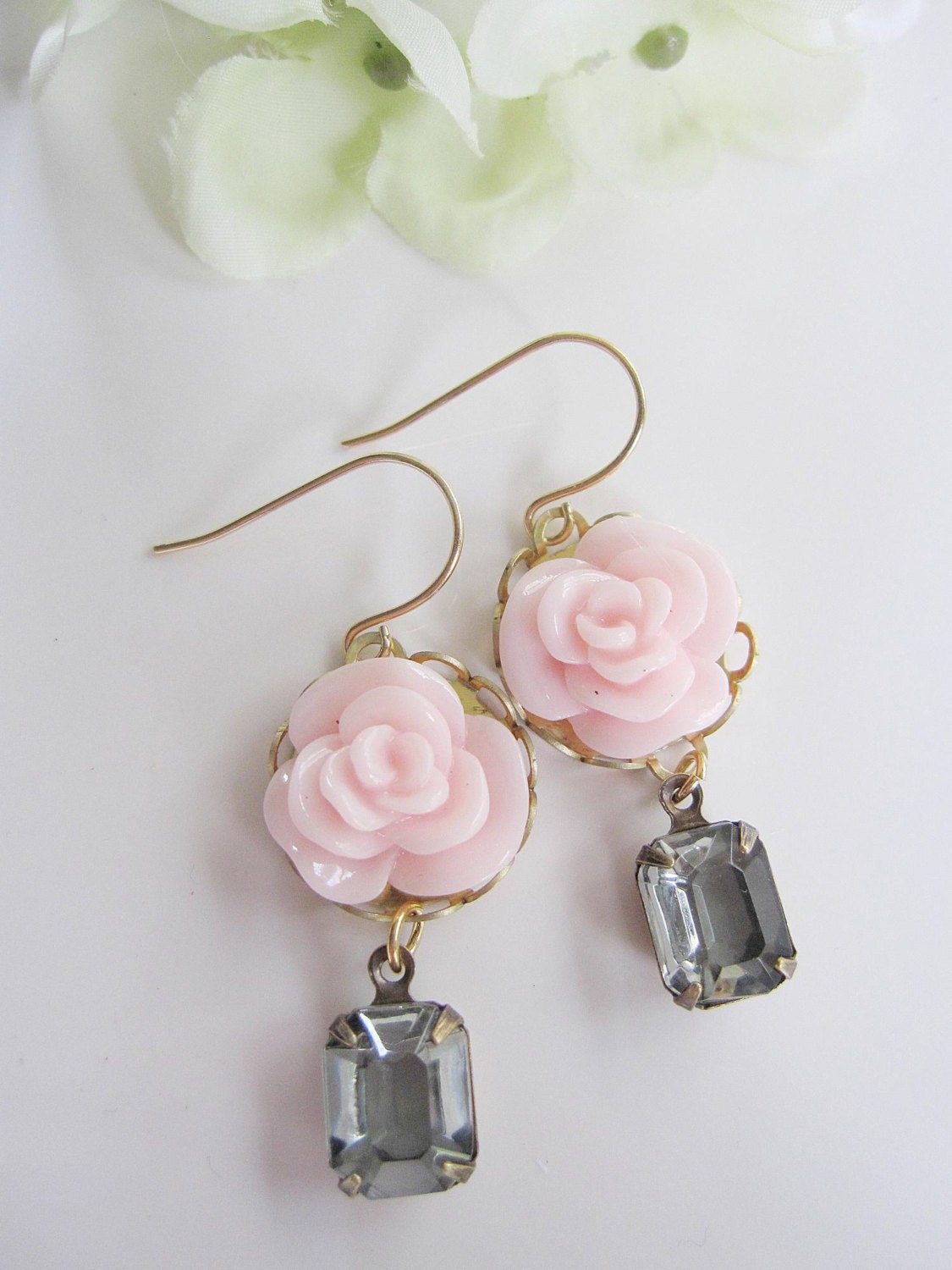 Pink Flower Earrings with Gray Faceted Glass Rectangle Dangles, Summer Garden, Wedding Jewelry