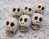 6 White Peruvian Ceramic Skull Beads with Black Features and Large Vertical Holes 13mm