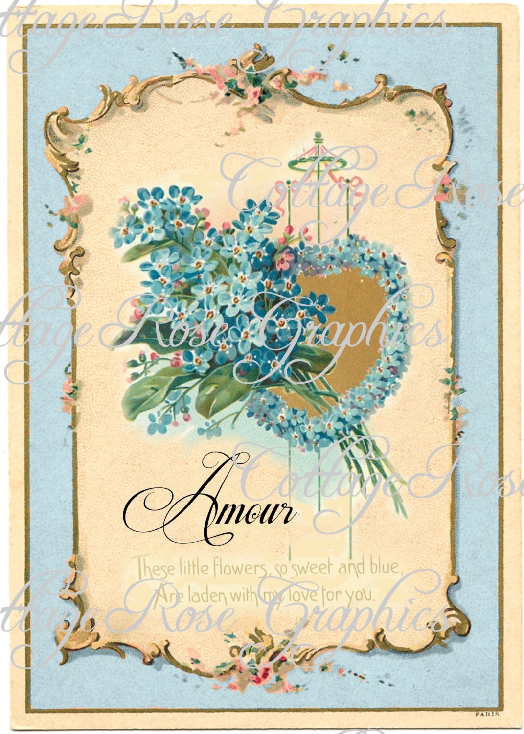 French AMOUR Forget me not hearts vintage shabby cottage Large digital download ECS buy 3 get one free