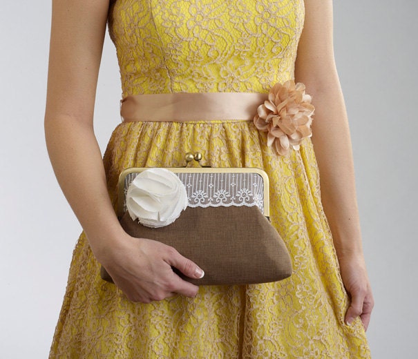1 RUSTIC Wedding Clutch with White Flower Brooch- Bridesmaids Gifts- Bridal Purse- Wedding Clutches