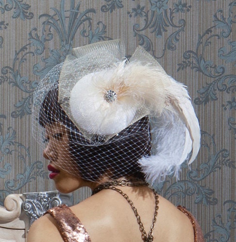 Champagne Wedding Veil, Feather Fascinator, Bridal Headpiece, Cocktail Hat, Ivory Birdcage Veil, Crystal, Batcakes Couture