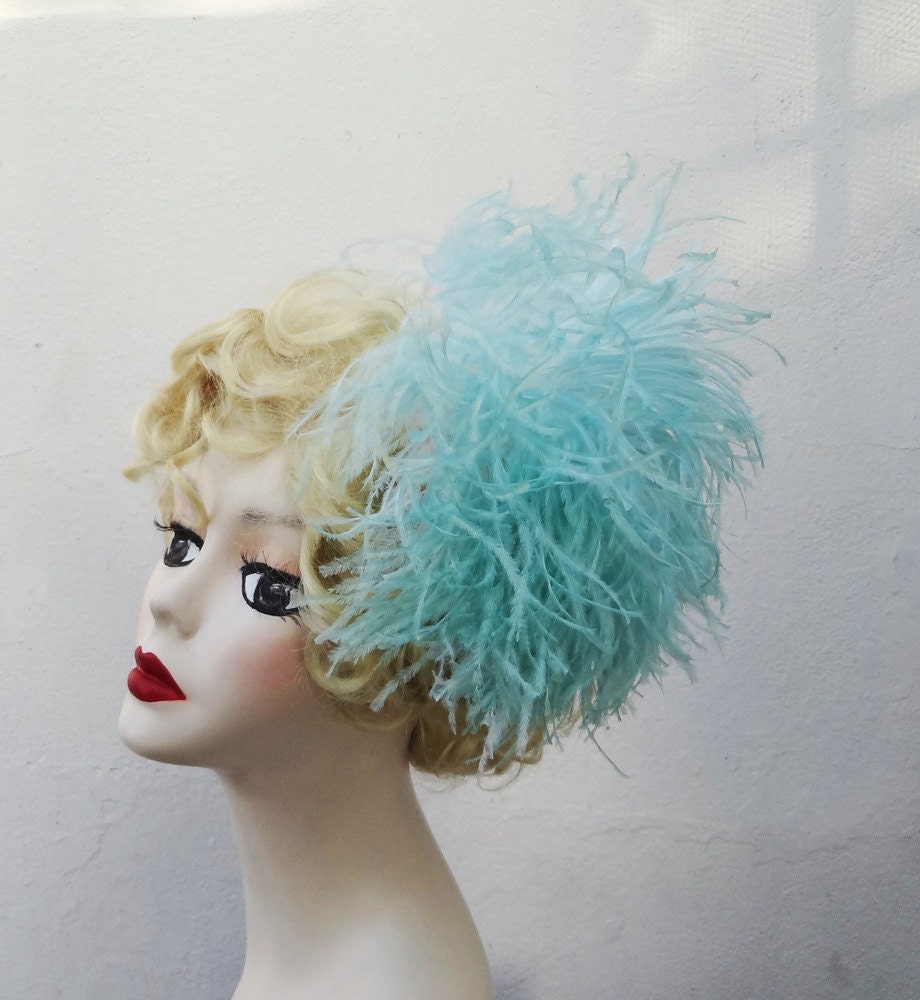 Mint Blue Green Aqua Ombre Ostrich Puff, Feather Fascinator, Unique Bridal, Head Piece, Hair Clip , Halloween Costume, Batcakes Couture