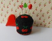 Black Pincushion with Red Cherries Bottle Cap Pincushion